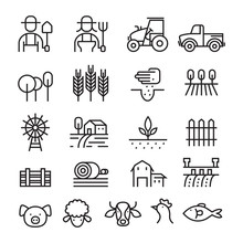 Farm And Agriculture Line Icons Set, Farmers, Plantation, Gardening, Animals, Objects