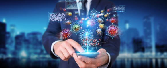 Poster - Businessman analyzing bacteria microscopic close-up 3D rendering