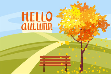 Wall Mural - Autumn landscape, Hello autumn letterung, tree with fallen leaves, wooden bench, panorama, autumnal mood, yellow, red, orange leaves, cartoon style, vector, illustration, isolated