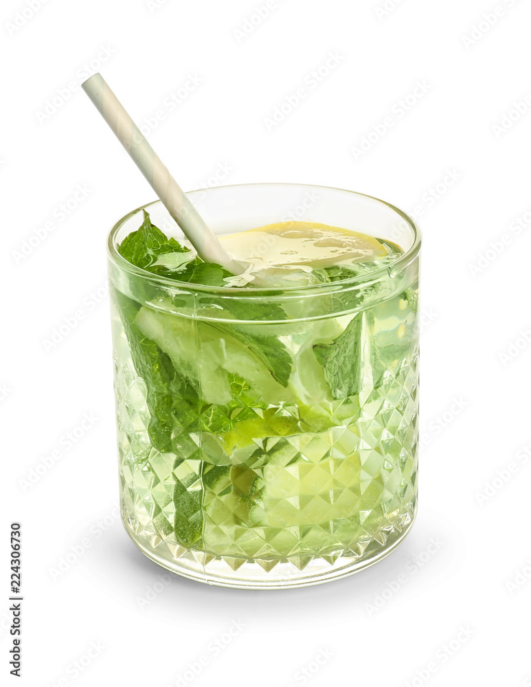 Glass of fresh mojito on white background