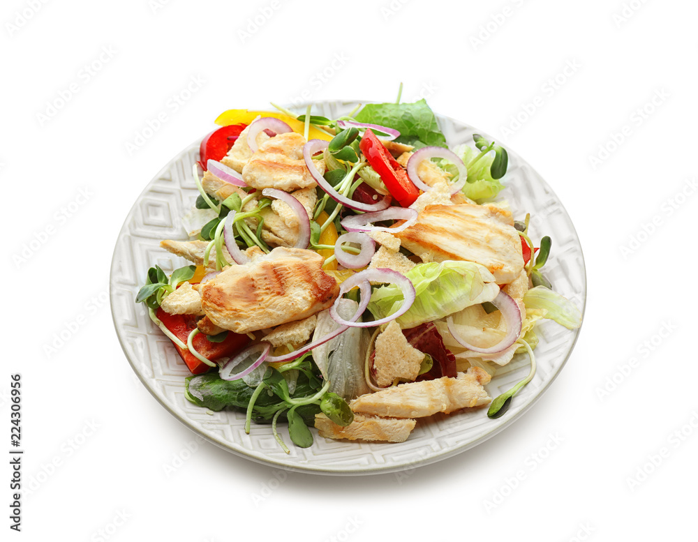 Plate with delicious chicken salad on white background