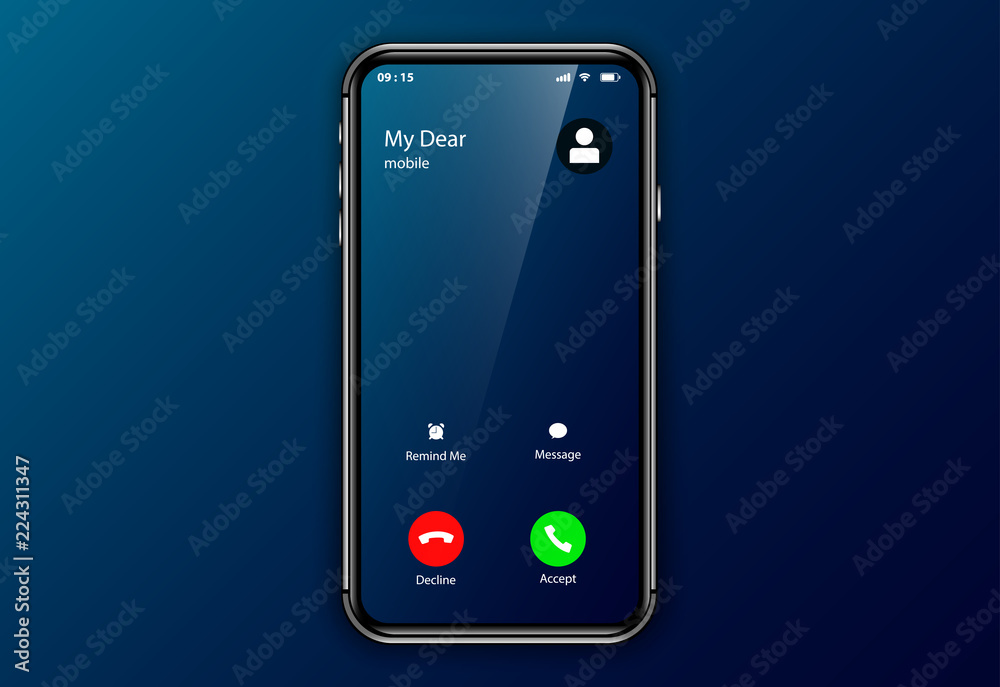 iphone incoming call screen user interface. elegant mockup ui ux smartphone template. realistic phone frame design - obrazy, fototapety, plakaty 