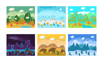 Poster - Flat vector set of landscapes with different seasons. Backgrounds for mobile game. Scenery with mountains, hills and forests