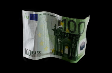 Hundred Euro bill, banknote isolated on black background