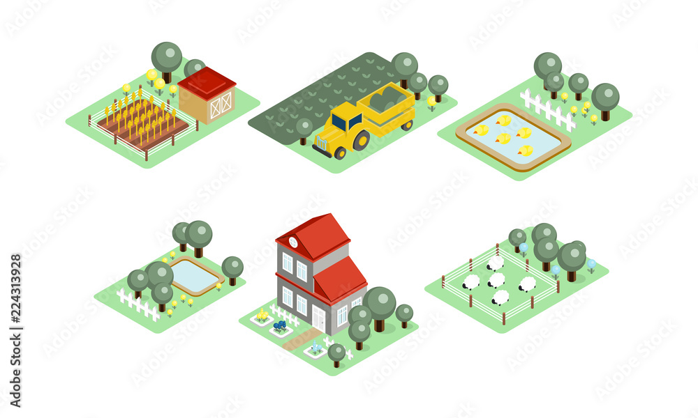 Farm Map Multilayer Icon Vector set of farm icons in modern 3D style. Fields with harvest ...
