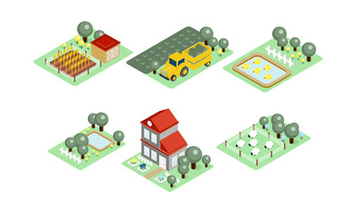 vector set of farm icons in modern 3d style. fields with harvest, grazing sheep, house, yards with t