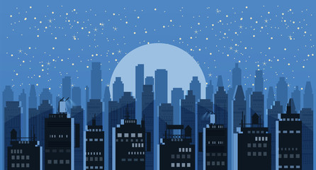 Canvas Print - Cityscape night. Modern city skyline panoramic vector background. Urban city tower skyscrapers skyline illustration, isolated, illustration