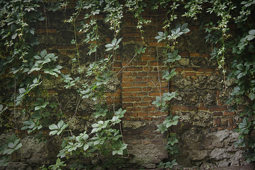 Wall Mural - .background old brick wall covered with.wild grapes close-up