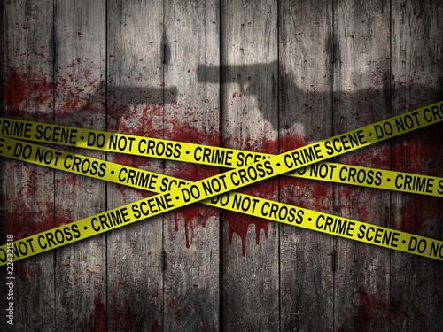 crime scene do not cross tape with bloody wall and shadow ...