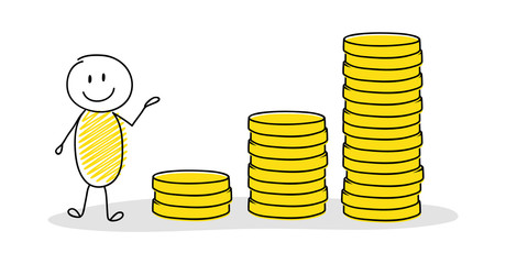 Hand drawn cartoon character with money graph. Vector.