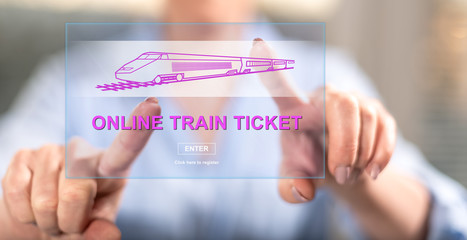 Woman touching an online train ticket concept