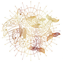 Three Golden Dolphins And Round Circle Pattern On White Background. Esoteric, Occult, New Age And Wicca Concept, Fantasy Illustration With Mystic Symbols And Sacred Geometry