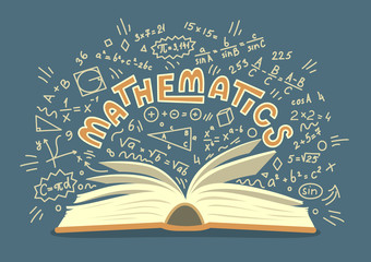 Mathematics. Open book with math doodles with lettering. Education vector illustration.