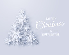 Vector Merry Christmas And Happy New Year Greeting Card Design With Christmas Tree Made Of Realistic Looking Paper Cut Snowflakes. Seasonal Christmas And New Year Holidays Paper Craft Background