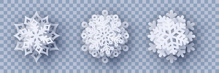 Wall Mural - vector set of 3 white christmas paper cut 3d snowflakes with shadow on transparency background. new 