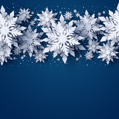 Wall Mural - vector merry christmas and happy new year greeting card design with white layered paper cut snowflak