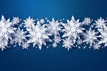 Wall Mural - vector merry christmas and happy new year greeting card design with white layered paper cut snowflak
