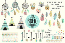 Vector Image Of A Collection Of Icons In The Style Of Boho. Cartoon Image Of Dreamcatchers, Arrows, Feathers, Cute Animals, Fox, Deer, Raccoon, Bear, Lodges, Native American Motifs, Triangles.