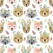 Seamless Pattern Of Cartoon Cute Animals And Feathers In Boho Style. Hand-drawn Illustration With The Image Of Deer, Fox, Raccoon, And Bear For Use To Print, Background, Wrapping Paper, Greeting Card.