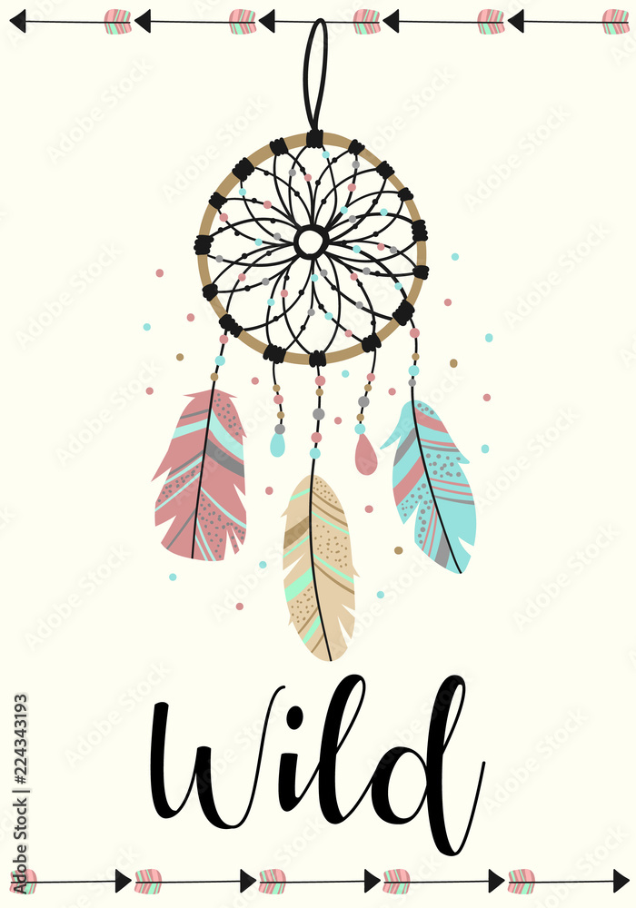 Foto-Schiebegardine Komplettsystem - Vector image of dreamcatcher and arrows in the Boho style with the inscription Wild. Cartoon illustration for use on postcards, banners, posters, prints on clothes for children.