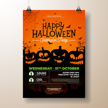 Halloween Party Flyer Vector Illustration With Scary Faced Pumpkins On Orange Background. Holiday Design Template With Flying Bats For Party Invitation, Greeting Card, Banner Or Celebration Poster.