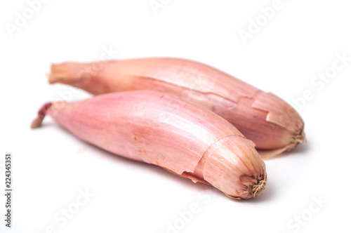 Fényképezés closeup of long Shallots on white background