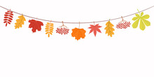 Hand Drawn Vector Illustration With Autumn Leaves Hanging On A String. Isolated Objects On White Background. Flat Style Design. Concept For Seasonal Banner, Poster, Card.