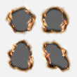 Vector set of realistic holes burnt in paper with brown edges and flames isolated on transparent background