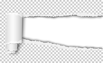 Wall Mural - Vector oblong torn hole in transparent sheet of paper with shadow and paper curl. White resulting background. Paper mock up.