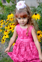 The little girl in a beautiful dress costs against the background of the blossoming coneflowers