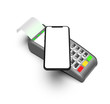 Payment terminal isolated on white background. Top view smartphone and terminal. Template, mockup.