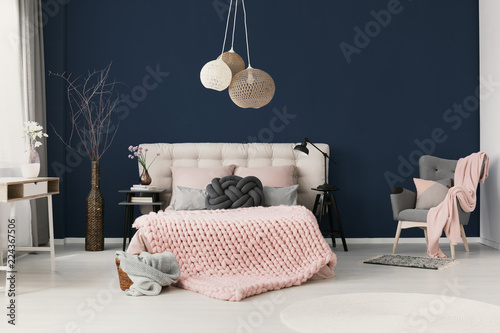 King Size Bed With Soft Bedhead Knot Grey Cushion And
