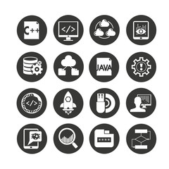 programming and network icon set in circle buttons