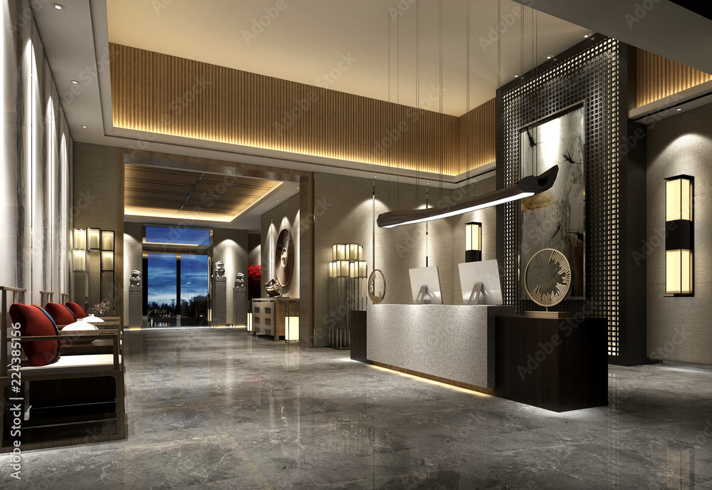 3d render of luxury hotel lobby reception Stock Illustration | Adobe Stock