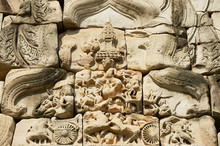 Sandstone Carving With Religious Motifs At The Ruins Of The Hindu Temple In Phimai Historical Park (Prasat Hin Phimai) In Thailand.