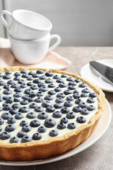 Plate with tasty blueberry cake on gray table