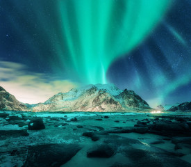 Wall Mural - aurora over snowy mountains, sandy beach with stones. northern lights in lofoten islands, norway. st