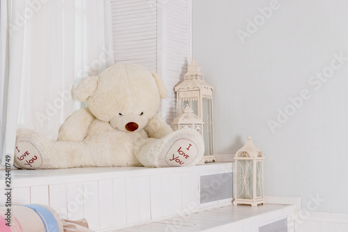 Big Teddy Bear Near Big White Lantern Pillows In Girly Room