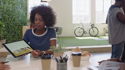 african american business people meeting creative graphic design team brainstorming marketing ideas team leader woman using tablet computer technology in office boardroom sharing strategy