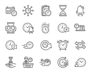 Poster - Time line icons. Set of Calendar, Time management and Delivery service linear icons. Checklist, Stopwatch timer and Hand holds hourglass symbols. Test, 24 hours and Presentation. Vector