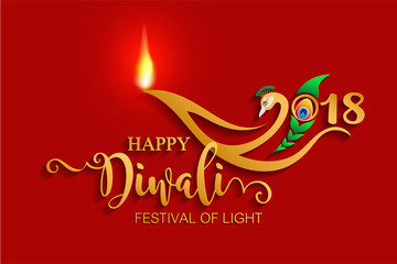 Wall Mural - Happy Diwali festival card with gold diya patterned and crystals on paper color Background.