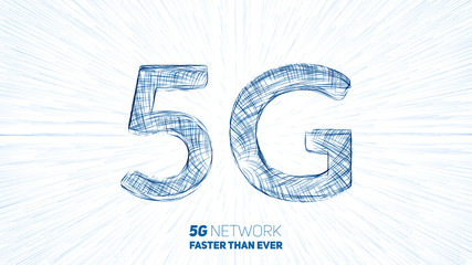 Poster - Vector abstract 5G new wireless internet connection background. Global network high speed network. 5G symbol with a lightspeed burst on background.