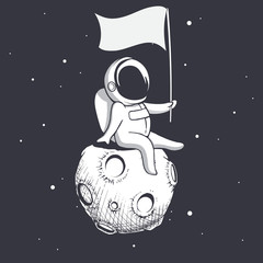 Wall Mural - astronaut sitting on moon and holds a flag.space vector illustration