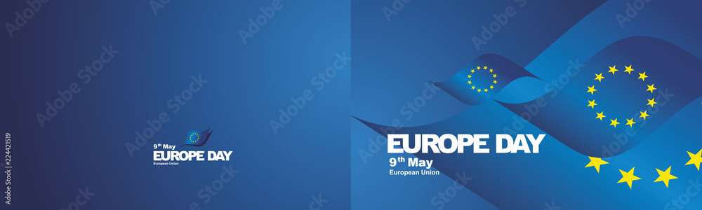 Europe Day flag ribbon two fold landscape background - obrazy, fototapety, plakaty 