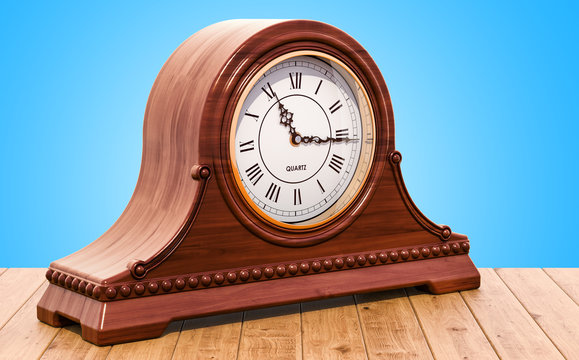 Retro chimes mantle clock, shelf clock on the wooden table. 3D rendering