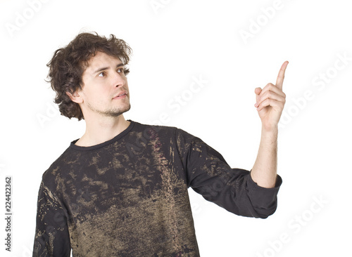 Fotografie, Obraz Daily man pointing finger up and looking left