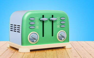 Poster - Retro toaster on the wooden table. 3D rendering