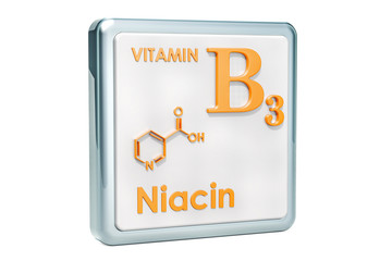 Wall Mural - Vitamin B3, niacin. Icon, chemical formula, molecular structure on white background. 3D rendering