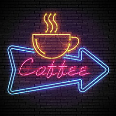 Wall Mural - Shining and glowing red neon coffee sign in blue arrow frame with yellow coffee cup on brick wall. Bright coffee house sign, night advertisement logo, vector illustration.