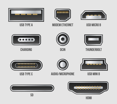 Creative vector illustration of usb computer universal connectors icon symbol isolated on transparent background. Mini, micro, lightning, type A, B, C plugs design. Abstract concept graphic element